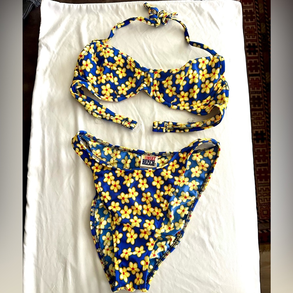 Vintage High Wasted Blue Floral Bikini Set